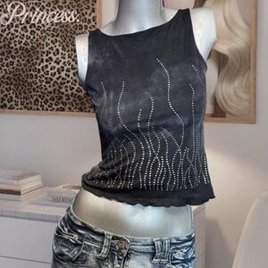 Sirens VINTAGE Y2K Ultra-Fitted Rhinestone Flames Tie-Dye Cropped Tank Top